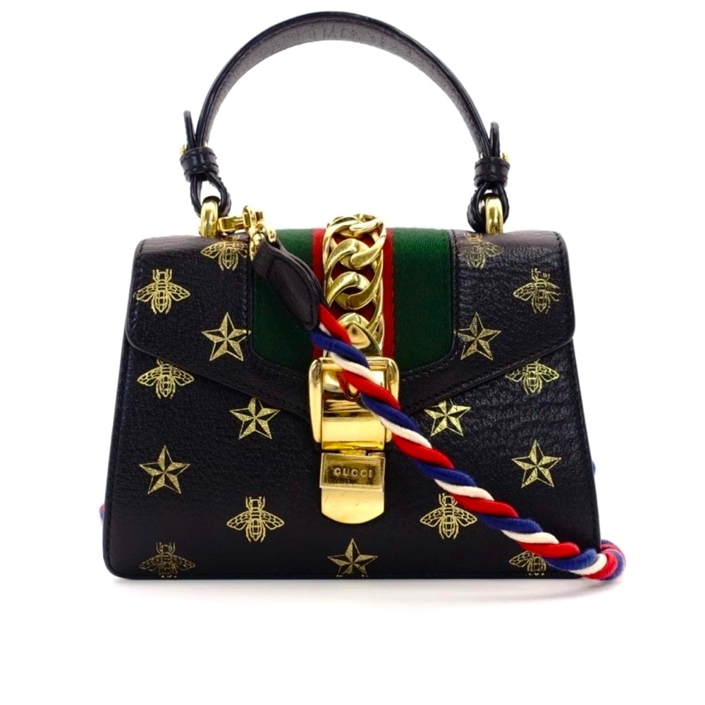 Gucci Sylvie Black and Gold Bee Stars Bag with Braided Strap 2-Way Handles